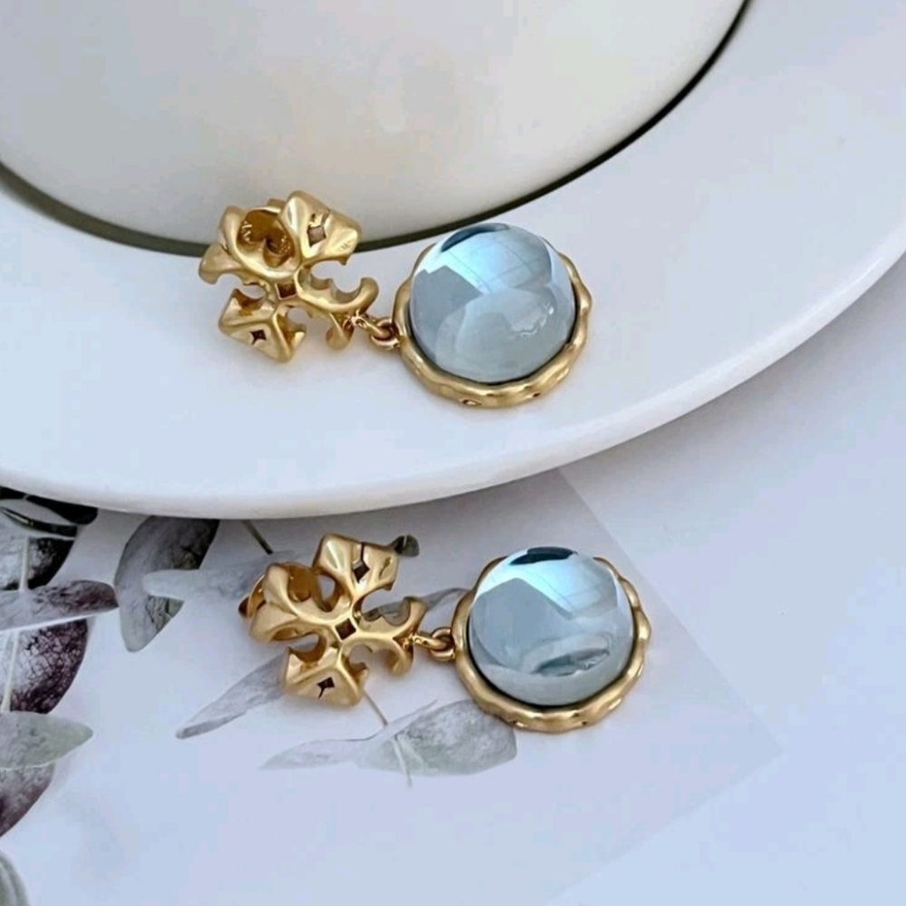 Tory Burch Gold Floral Drop Earrings with Pale Blue Drops - Picture 2 of 2